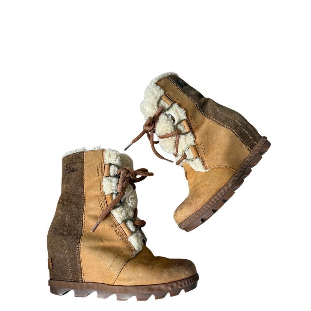 Sorel Joan Of Arctic Wedge II Shearling Leather Boots 5.5‎ Camel Brown